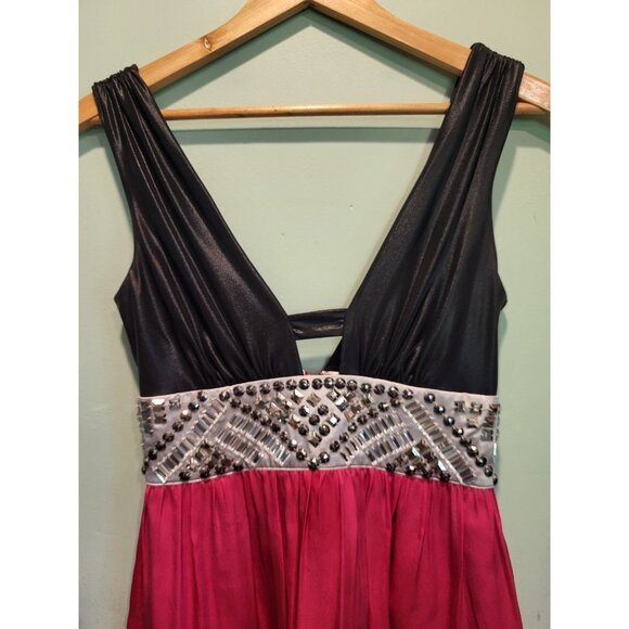 Y2K Bebe Pink Black Sleeveless Beaded V Neck Mini Dress Sz XS - Picture 2 of 8
